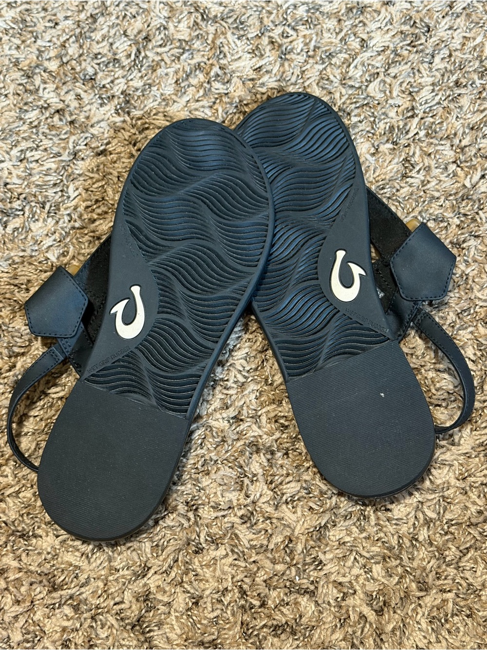 OluKai Black T-Strap Sandals with Tortoiseshell Buckle Accent - Picture 3 of 5